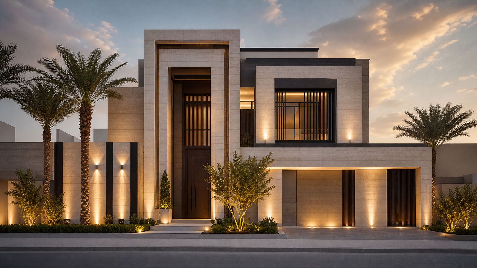 واجهة خارجية حديثة بإضاءة معمارية وتفاصيل حجرية